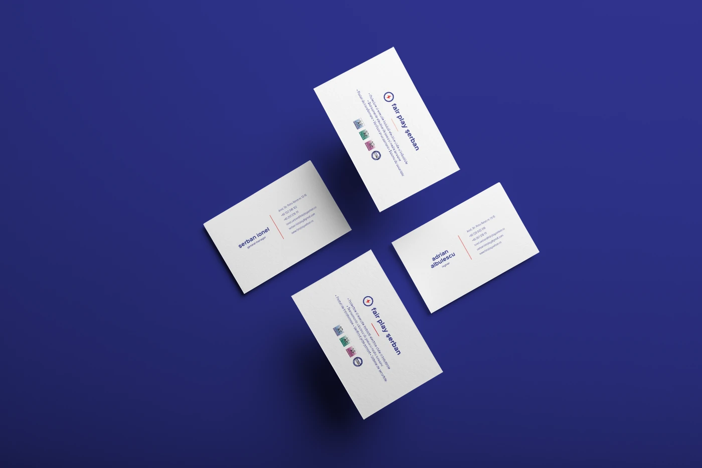 Fair Play Șerban business card designs on a blue background