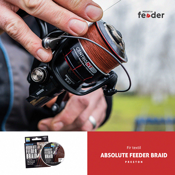 Fishing-line promotion combining a product photograph with a red information panel