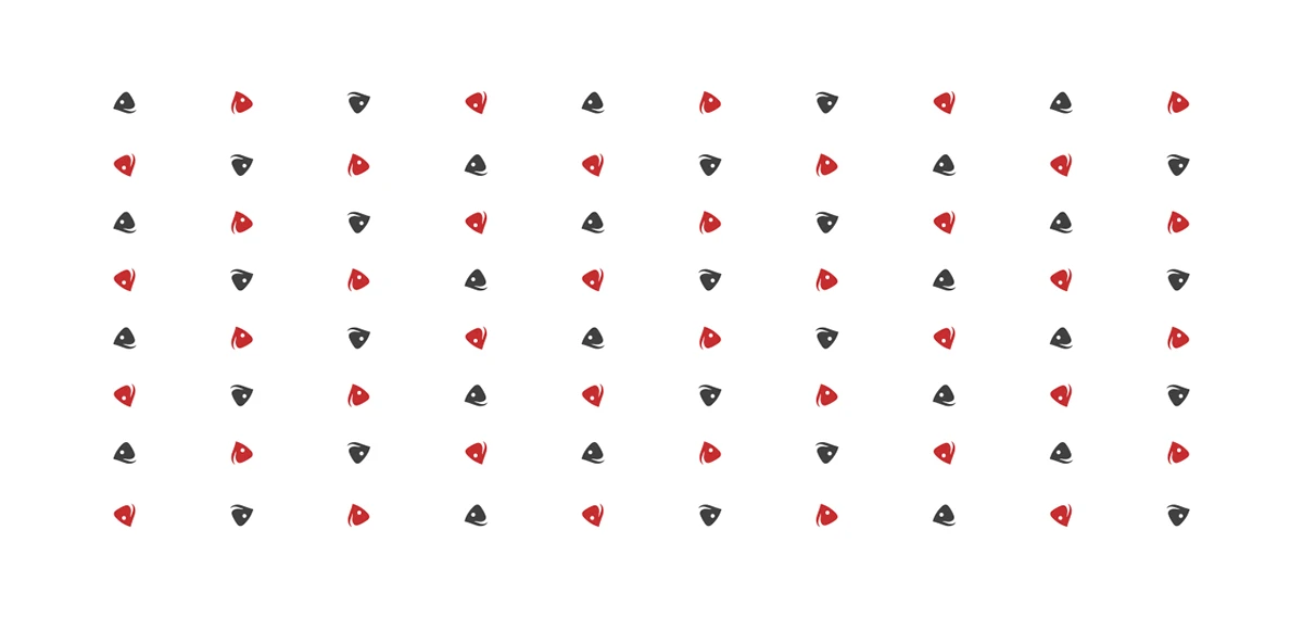 Repeating pattern of red and dark grey Pescuit la Feeder fish symbols