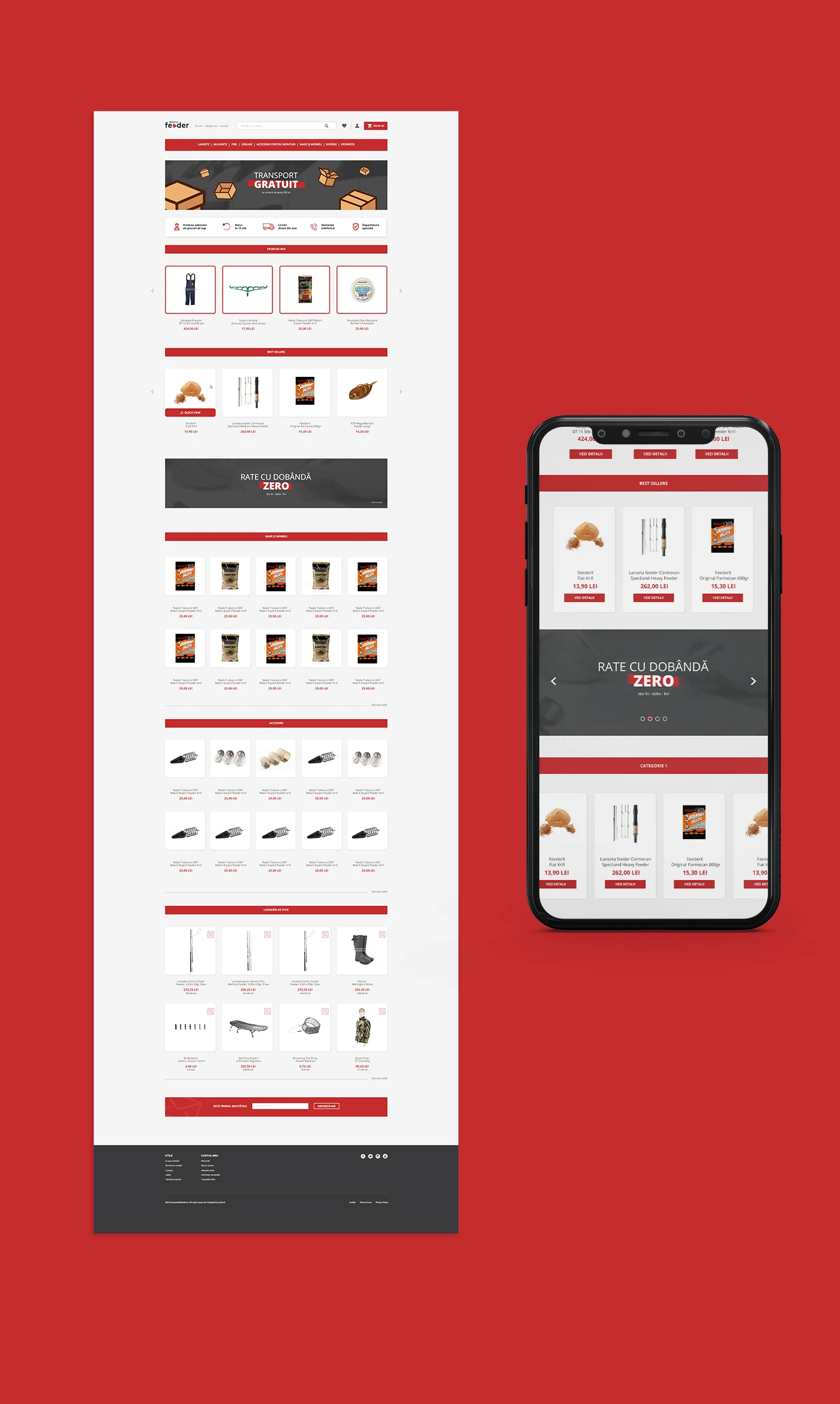 Desktop and mobile Pescuit la Feeder store layouts on a red background