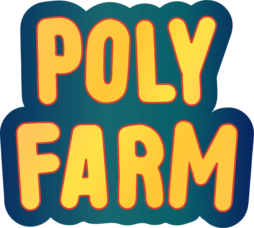 PolyFarm wordmark in yellow with a dark blue outline